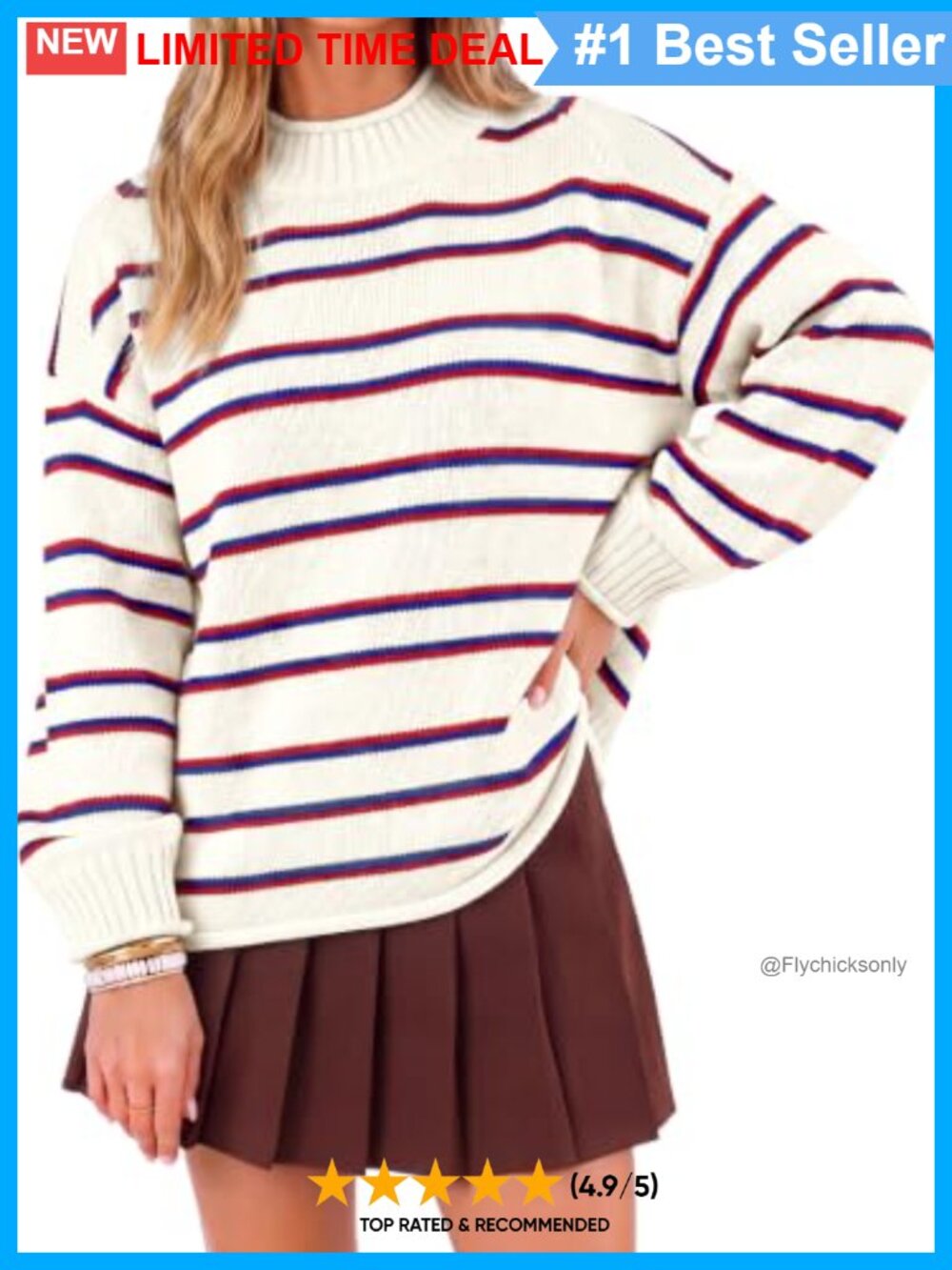 Striped Cotton Blend Rollneck Pullover Sweater Loose Knit Fall Top
